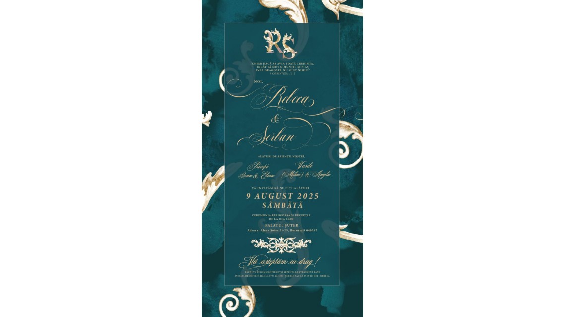 Invitație digitală nuntă baroc Emerald Royal Invitație electronică verde smarald si gold 1